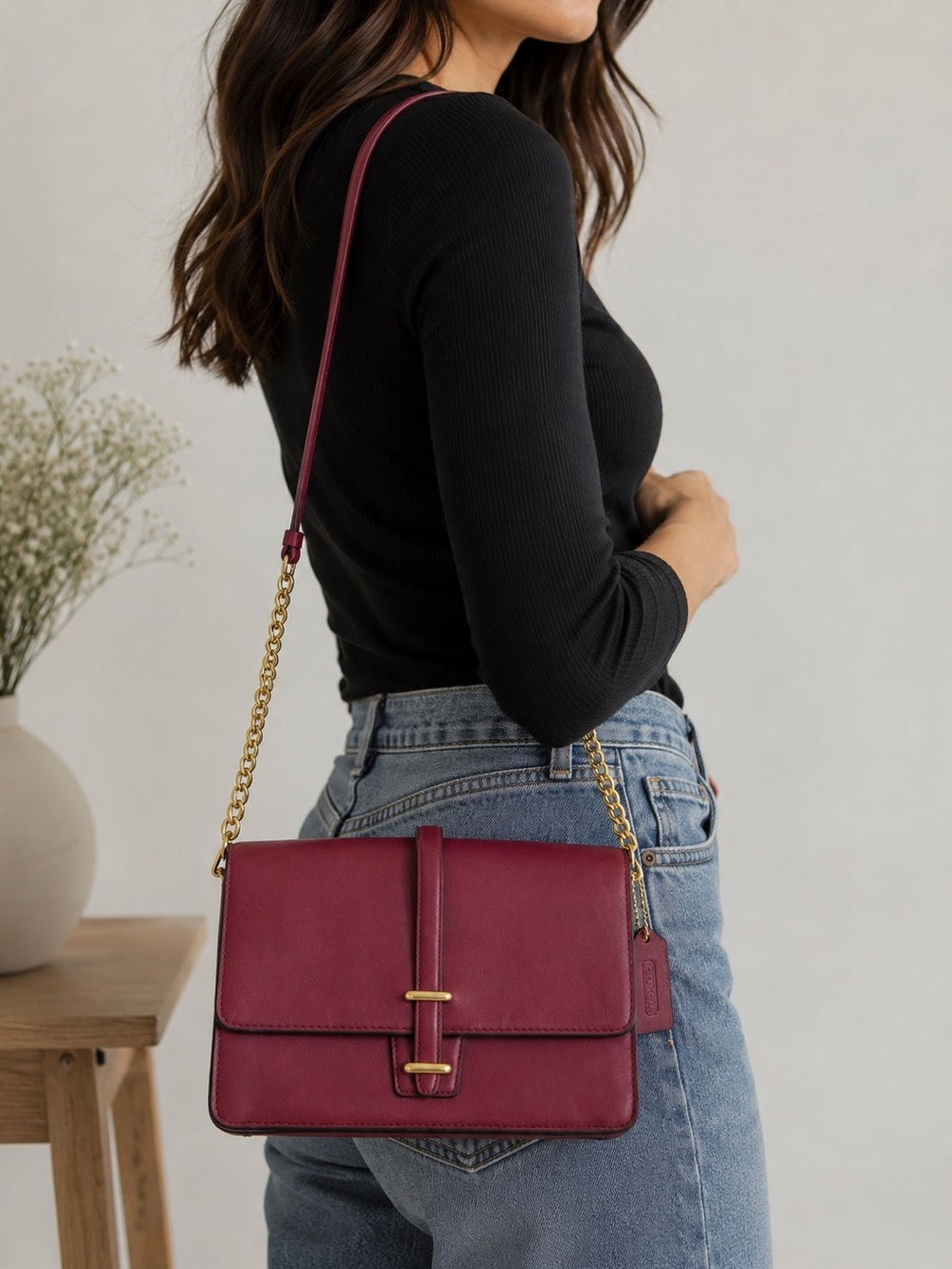 Vintage Coach Burgundy Leather Crossbody with Gold Chain Strap